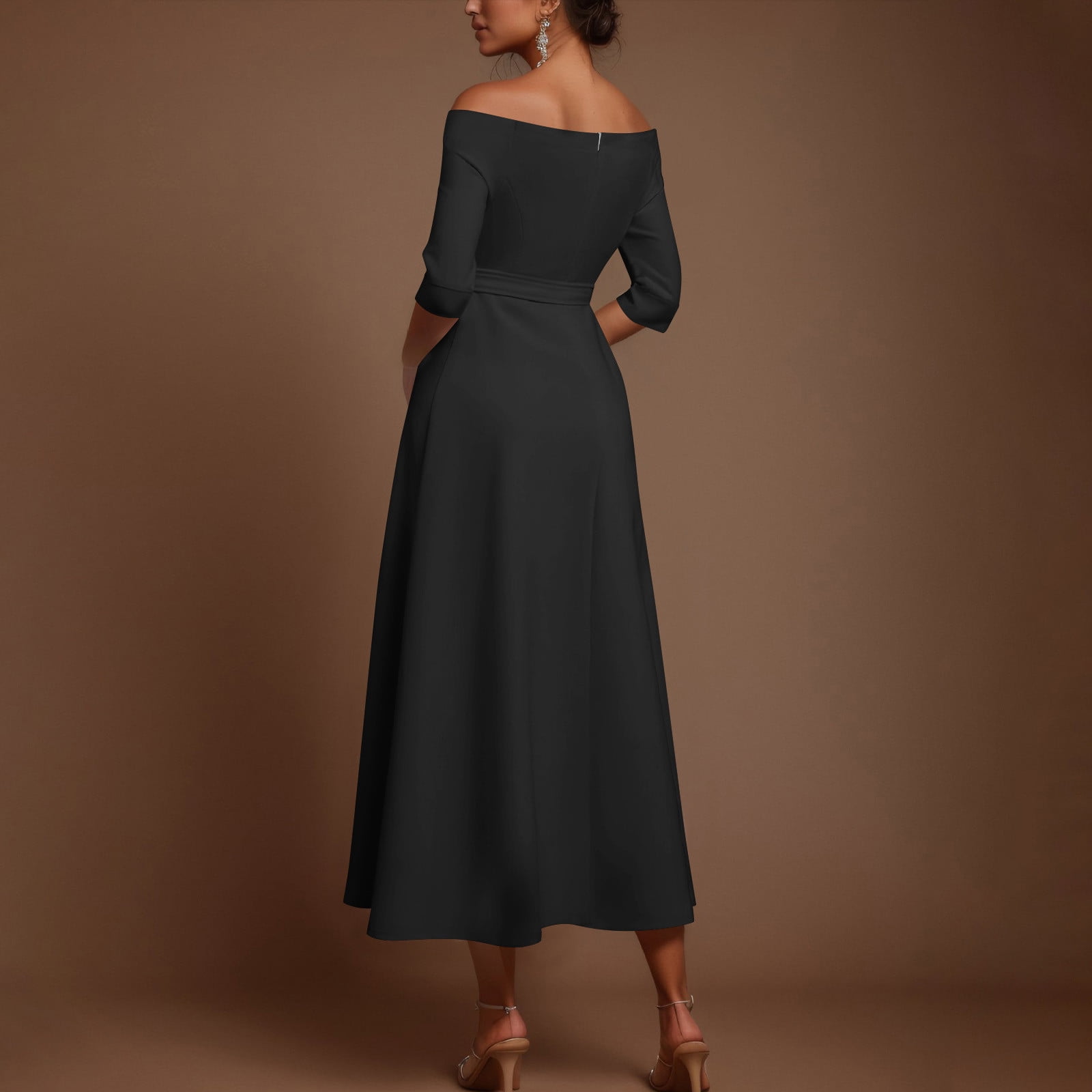 Womens One Shoulder 3/4 Sleeve High Waist A Line Maxi Dress with Belt Elegant Solid Color Office Work Party Style