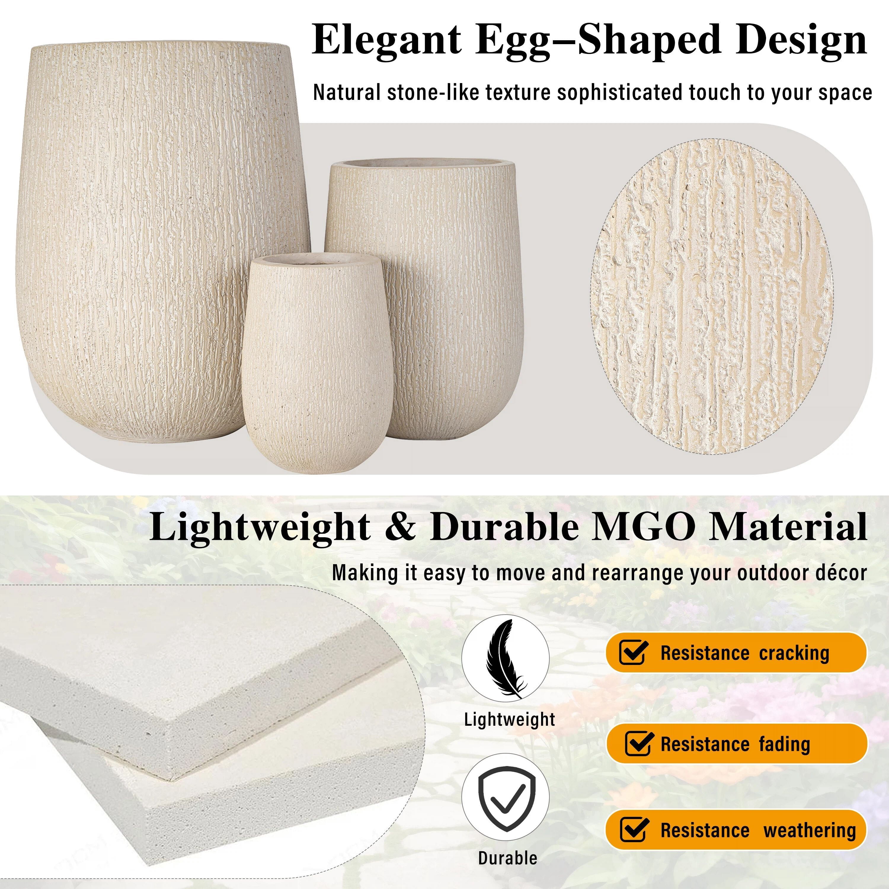 Euroco Lightweight MGO Planter Set of 3, 15.6"+10.8"+7.3" Egg-Shaped Outdoor Flower Pots with Drainage Holes & Rubber Plug,Modern Stone-Look Textured Decorative Pots for Garden, Patio, Home, Office