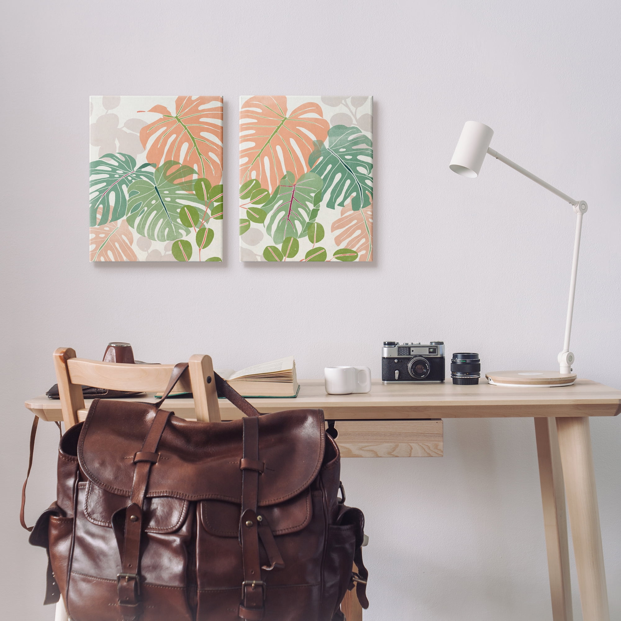Stupell Industries Tropical Monstera Palm Leaves Green Orange Canvas Wall Art, 16 x 20