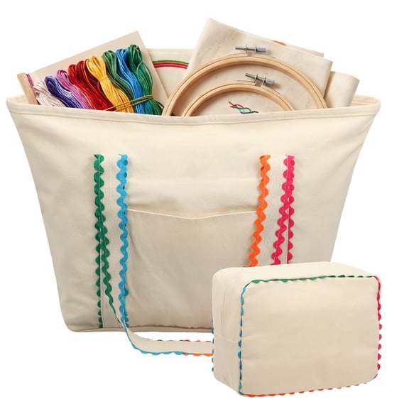 Needlepoint Project Bag with Small Pouch, Embroidered Sewing Craft Storage Organizer with Zipper and Handle for Quilting Canvas Tote Bag
