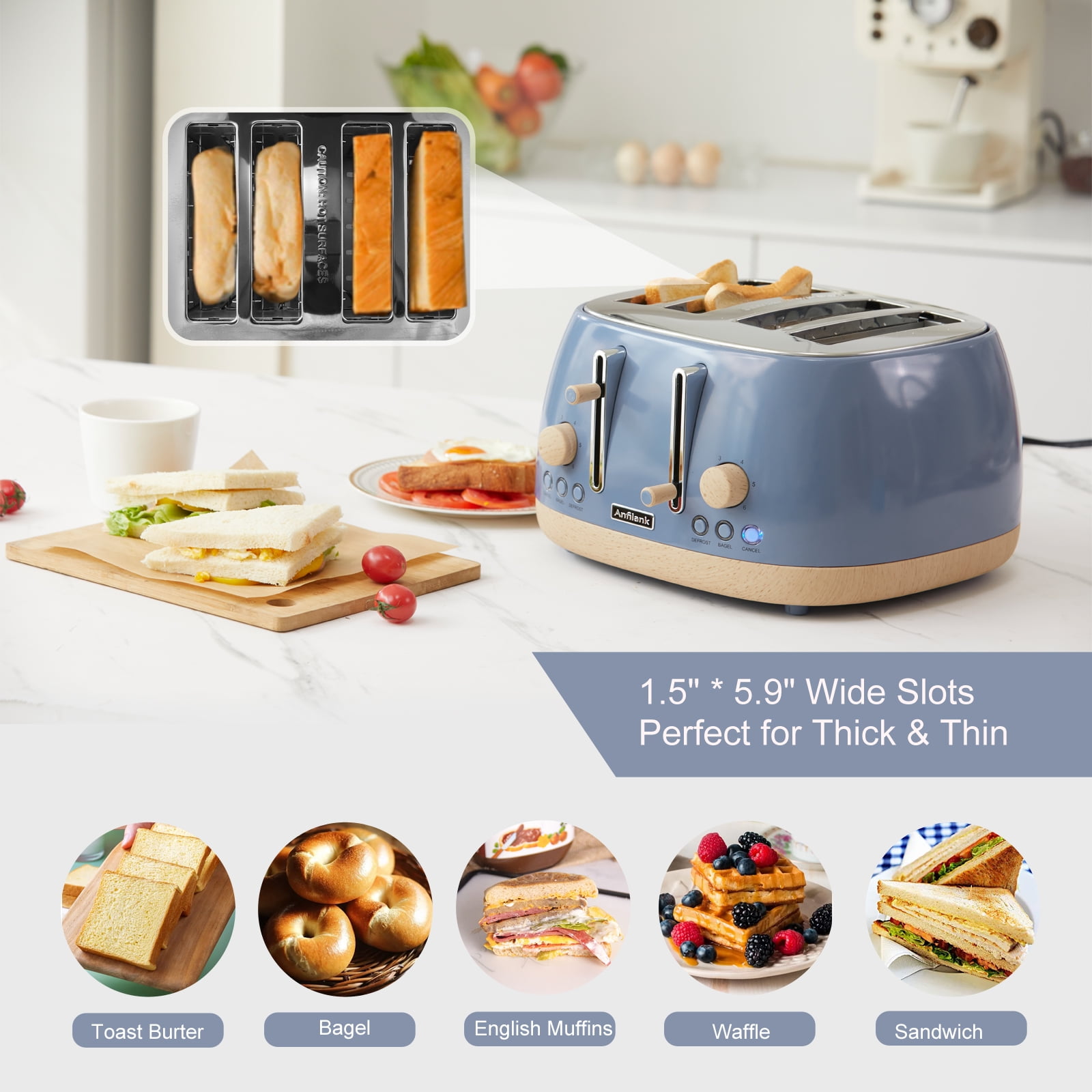 Long Slot Toaster 4 Slice, Stainless Steel Retro Toasters Best Rated Prime  with 1.25 Extra Wide Slot and Defrost/Reheat/Cancel Function/6 Browning