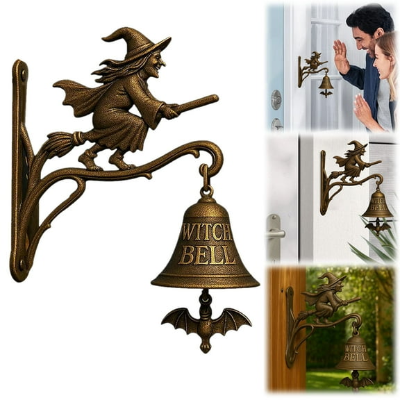BinKFF Vintage Witch Doorbell – Cast Iron Halloween Protection Door Hangers Bell with Witch on Broom for Front Door, Porch, Home and Wall Decor, Halloween Decoration Outdoors