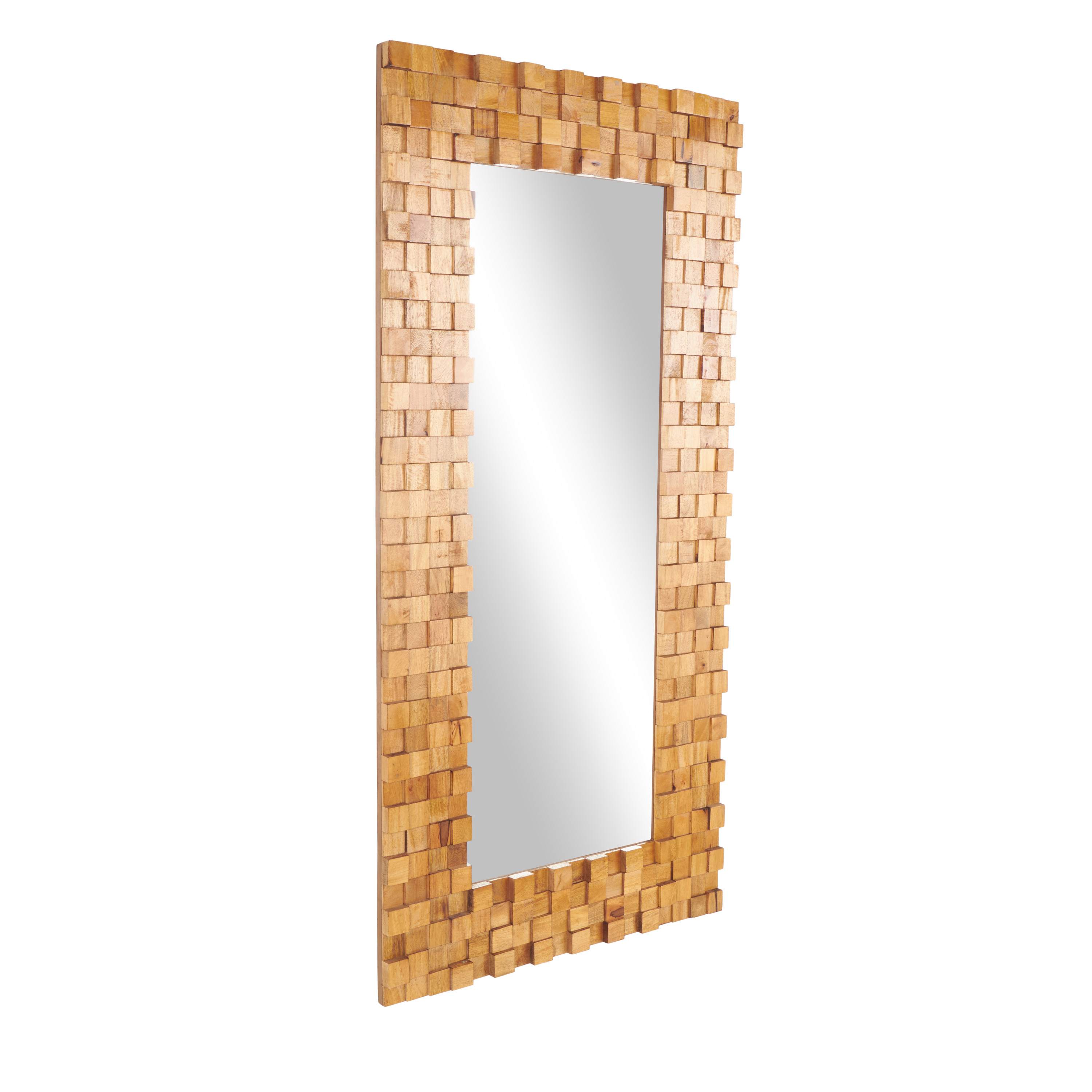 DecMode 36" x 72" Brown Mango Wood Geometric Handmade Dimensional Square Mosaic Floor Mirror with Natural Wood Grain Patterns