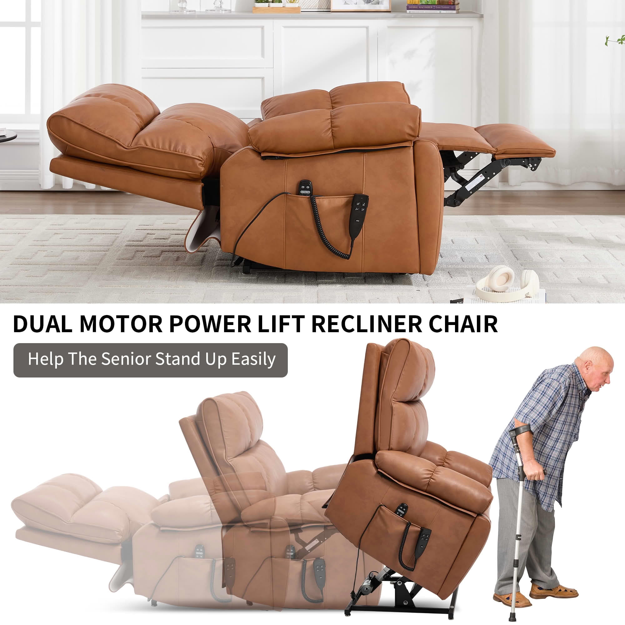 MAYEERTY Orange Dual Motor Power Lift Recliner, 350lbs Infinite Position Chair with 8-Point Massage Heat Hidden Cup Holders for Elderly