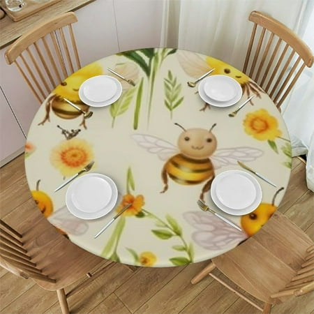 

Autua Bee Flowers Border Round Table Cover Stain Resistant Washable Indoor Outdoor Tablecloth Kitchen Dining Wedding Parties 100% Polyester for Picnic Farmhouse Waterproof Fabric 42 -46