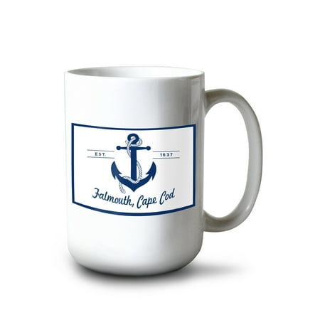 

15 fl oz Ceramic Mug Falmouth Cape Cod Blue and White Anchor Dishwasher & Microwave Safe
