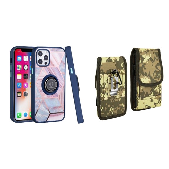 Bemz Ring Series Case for iPhone 14 Plus (TPU Silicone Cover with Magnetic Stand) and Vertical Rugged Nylon Belt Holster Pouch (Blue on Pink Marble/Digital Camo)