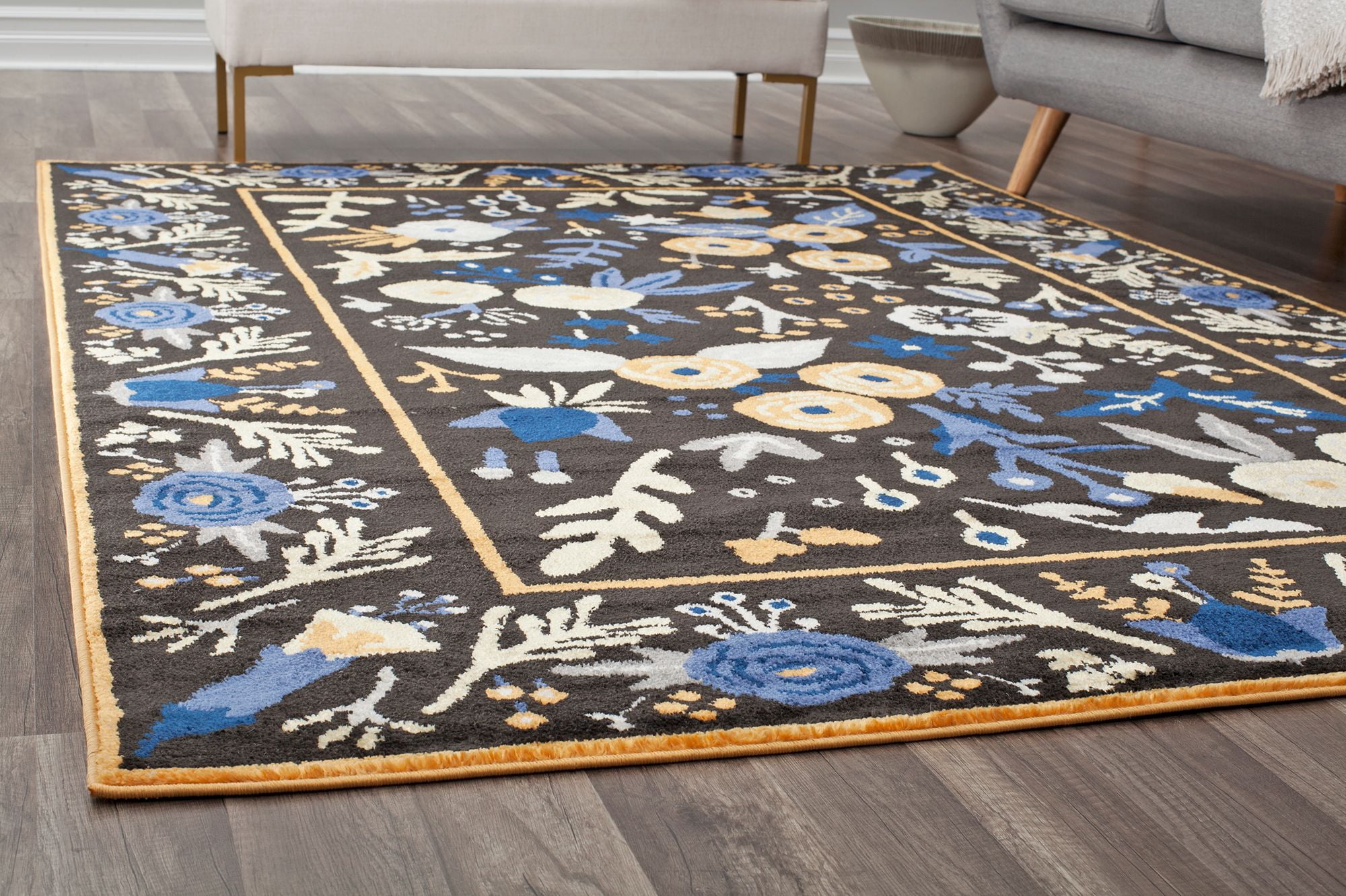 Rugs America Hanna VA30B Gardenia Golden Night Floral Transitional Black Area Rug, 9'x12'