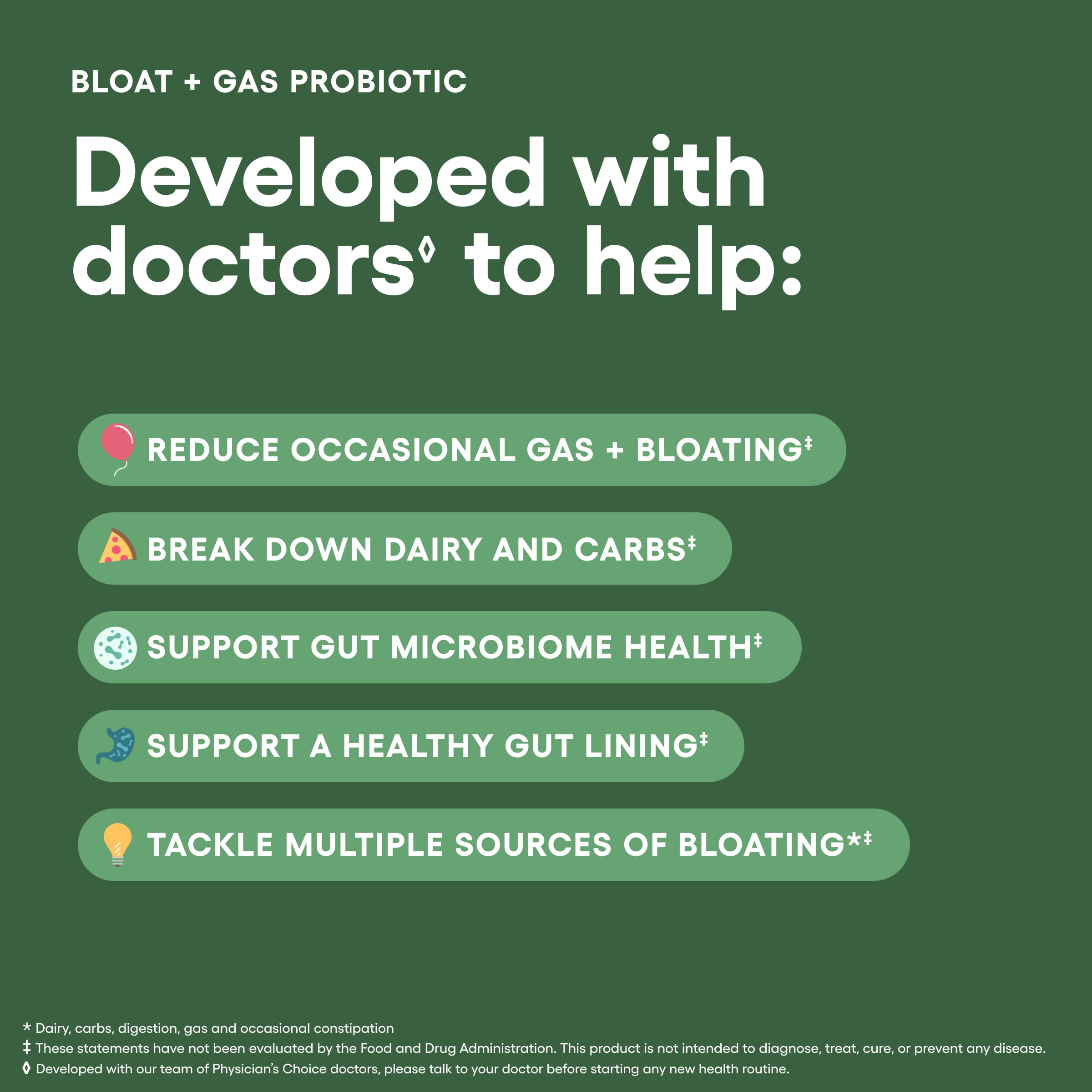 Physician's Choice Bloat & Gas 5-in-1 Probiotic for Digestion Support & Gas Relief, 30 Count