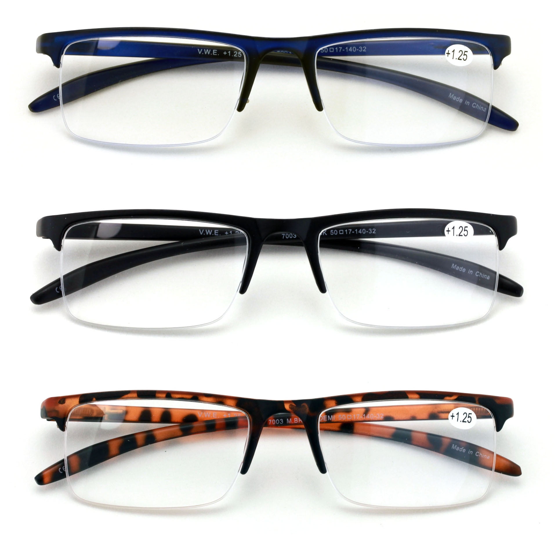 V.W.E. Rectangular Half Rim Reading Glasses with Spring Hinge, 3 Pair +1.50