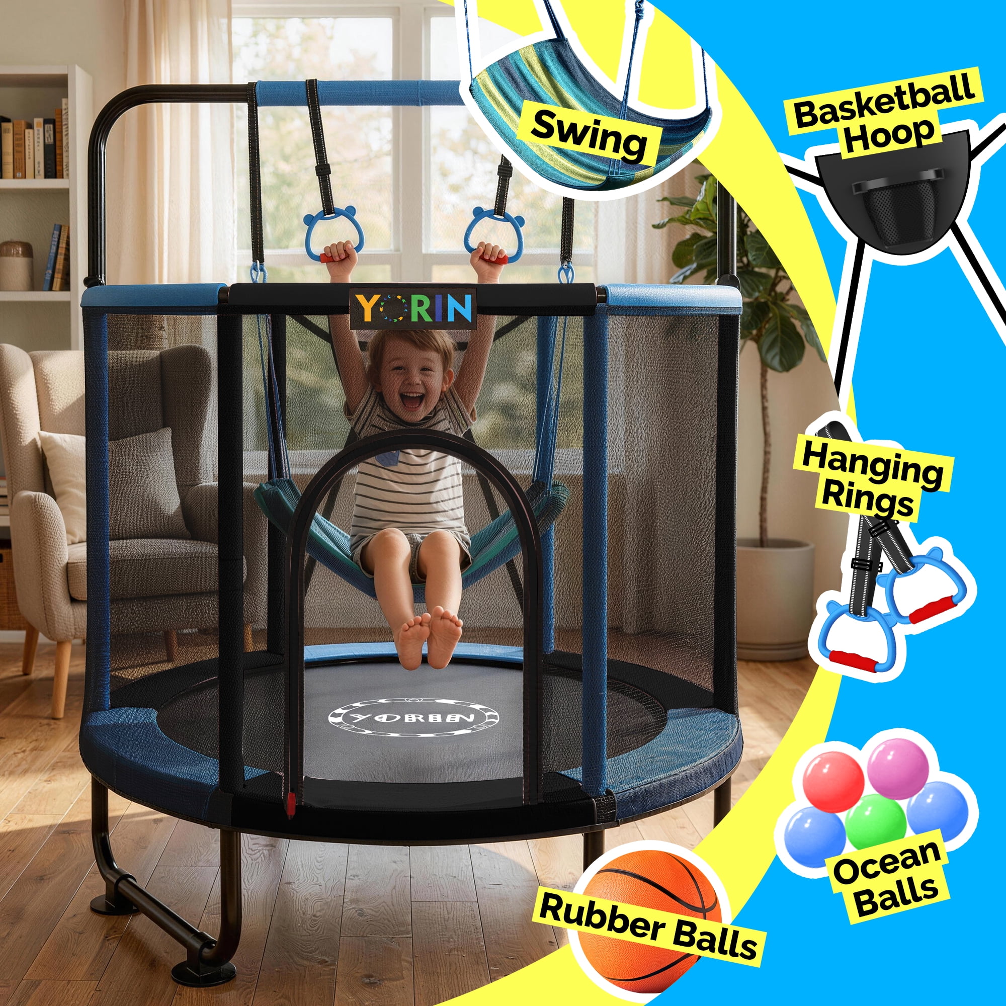 YORIN 55'' Kids Trampoline with Enclosure, Basketball Hoop