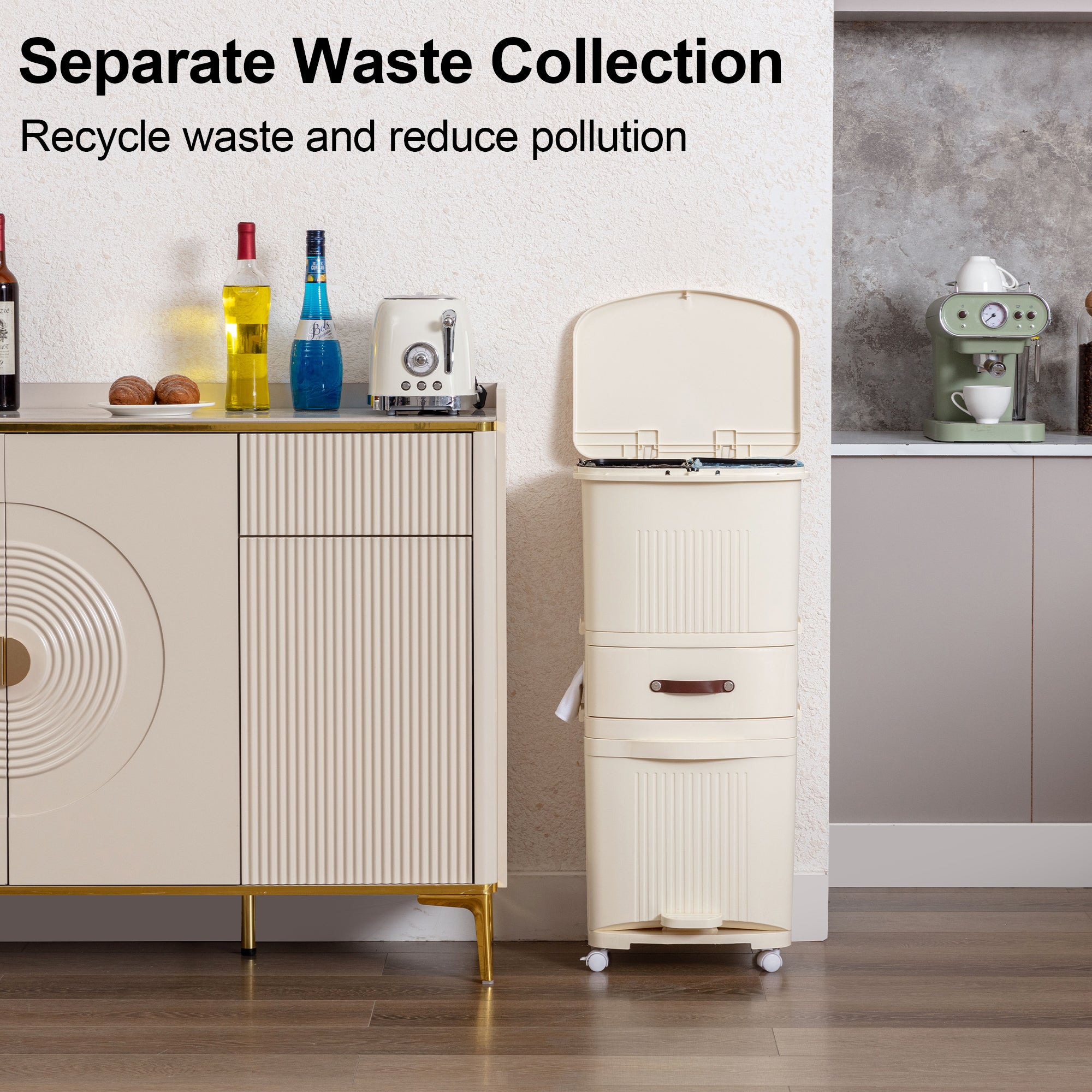 VECELO 3-Tier Kitchen Trash Can with Lid, Recycling Plastic Garbage Can with Wheels, Multi-purpose Trash Bin Categorize Waste, White