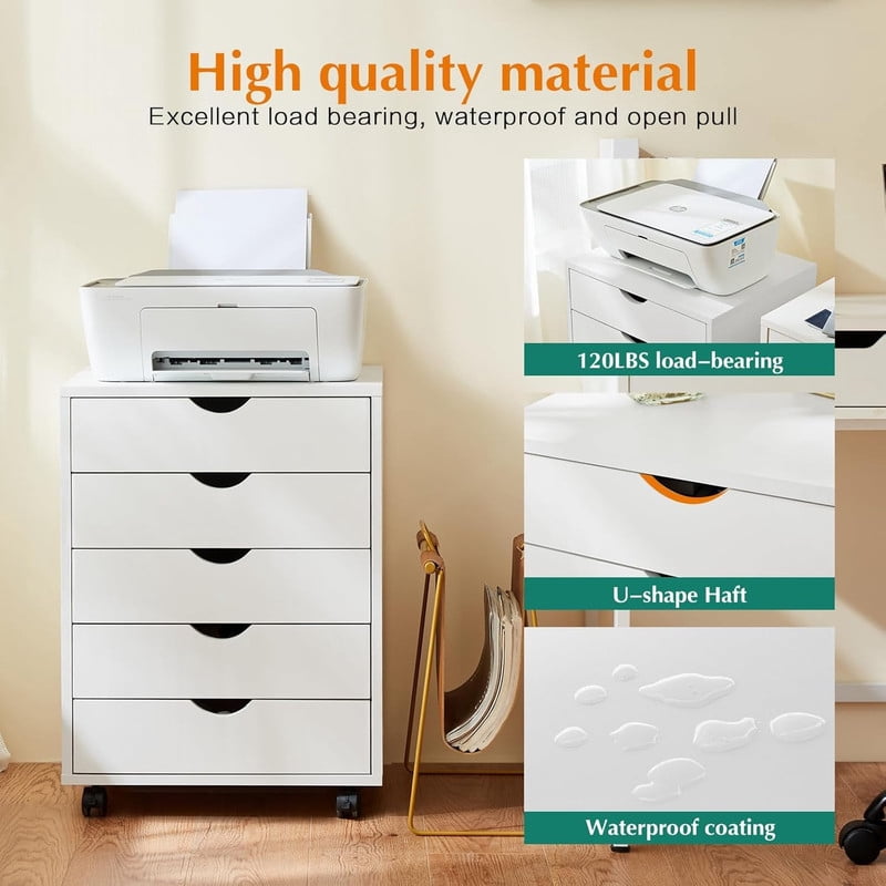 Simple Deluxe Adult 5-Drawer Chest with Wheels, Mobile Wood Storage Dresser for Office Bedroom Closet, White