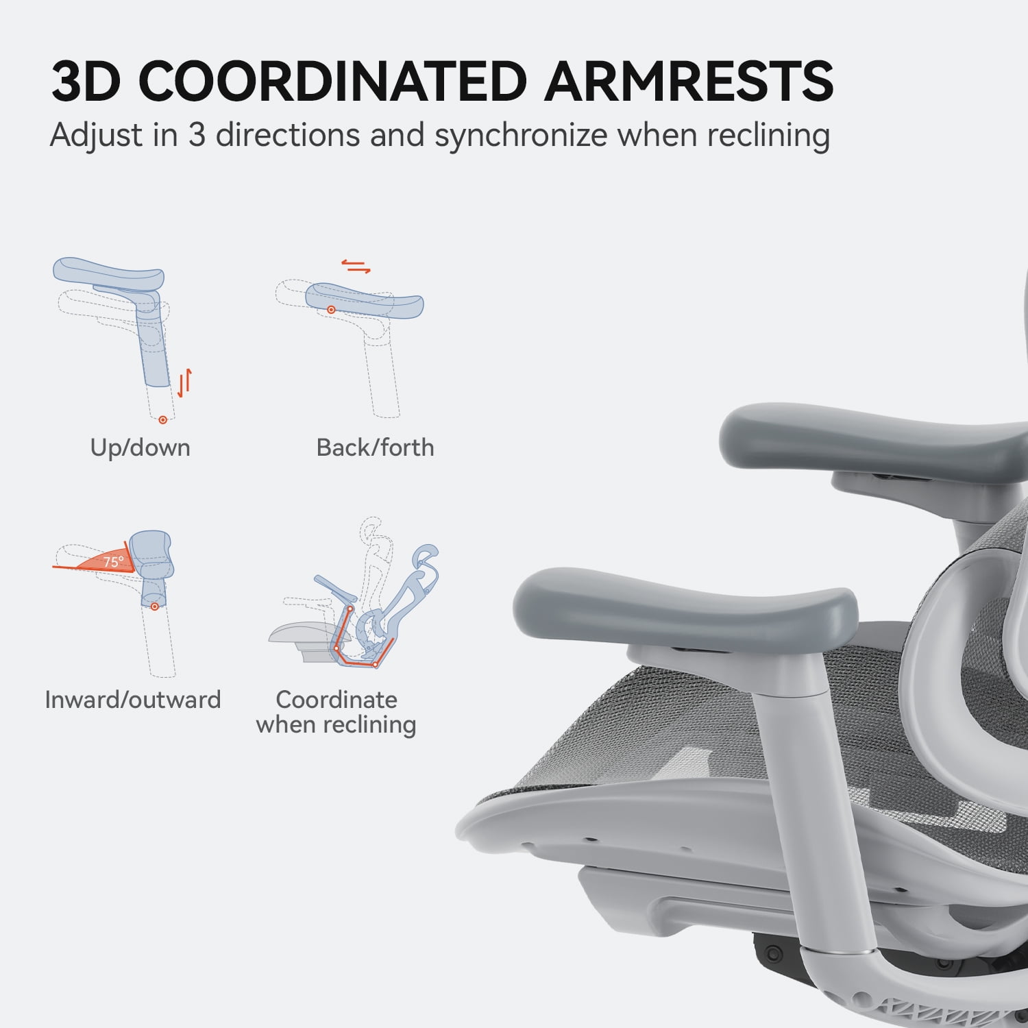 Sihoo Ergonomic Office Chair, Auto-Adaptive Lumbar Support, Adjustable Backrest, 3D Armrests, Mesh, Gray