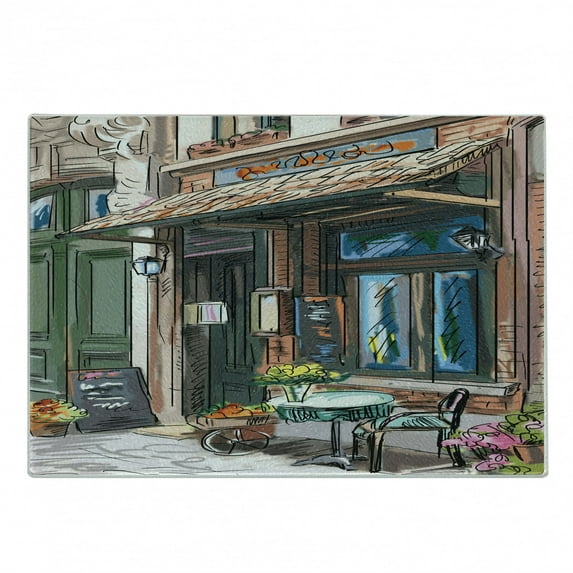 City Cutting Board, Street in Paris Cafe Illustration Holiday Theme Summer Season Eating Drinking Cartoon, Decorative Tempered Glass Cutting and Serving Board, Small Size, Multicolor, by Ambesonne