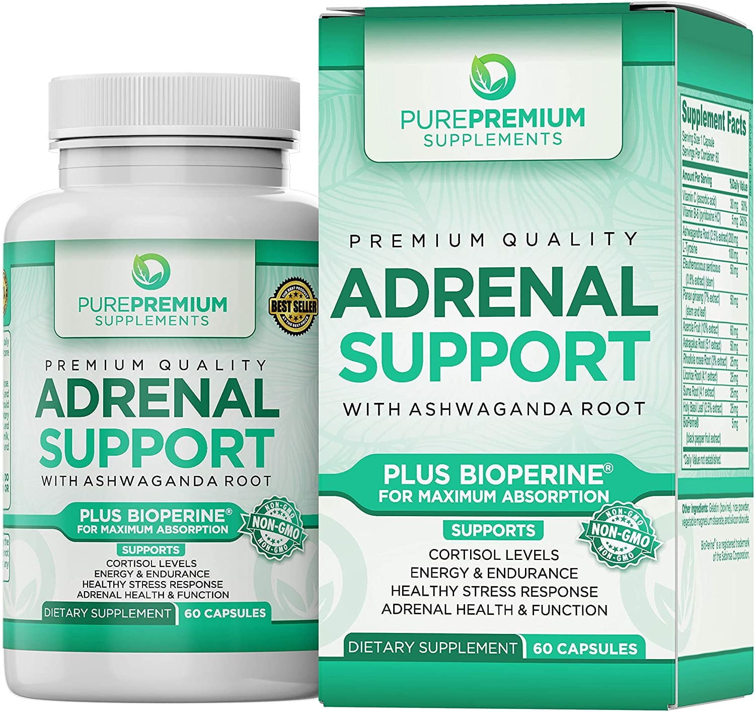 Adrenal Support by PurePremium Supplements Plus Bioperine for Maximum Absorption 60 Capsules