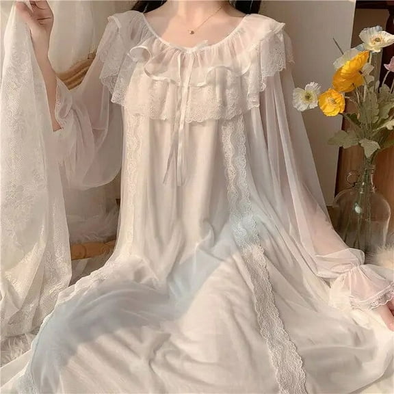 Municipal Mesh Nightgown Sleepwear Womens Elegant Lace Night Dress Solid One Piece Pajamas Autumn Long Sleeve Ruffle See Through Home Wear