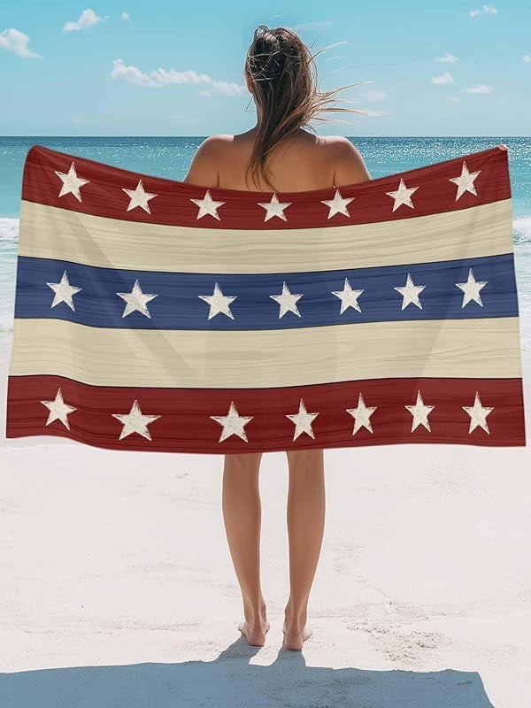 Rustic Wood Stars Beach Towels USA Patriotic Red White Blue Stripes Sand Free Beach Towel for Pool Swimming Travel Vacation Quick Dry Absorbent Bath Pool Towels