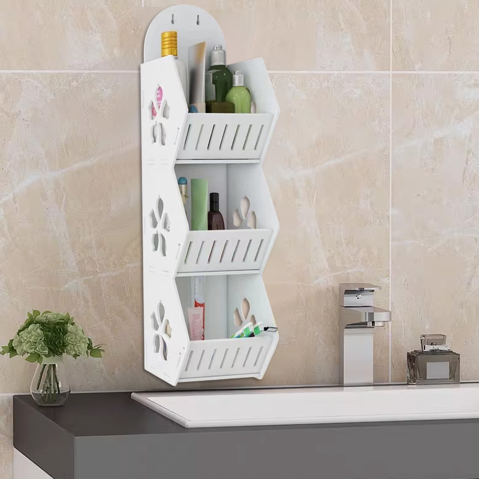 Cadorn 1PCS No Drill Bathroom Shelf,Wall Mounted Organizer with Sakura Design for Living Room Kitchen Bathroom Storage,Space Saving Drill-Free Home Organization Storage Solution