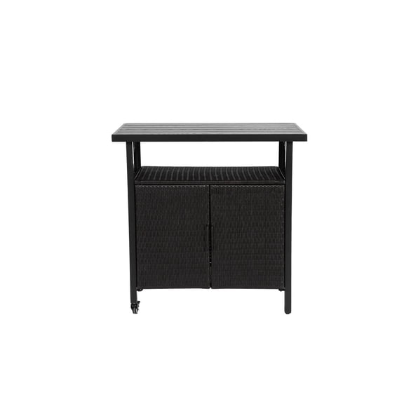 NOBRAND Black Wicker Rattan Outdoor Kitchen Serving & Storage Carts, with Wheels, Glass Top