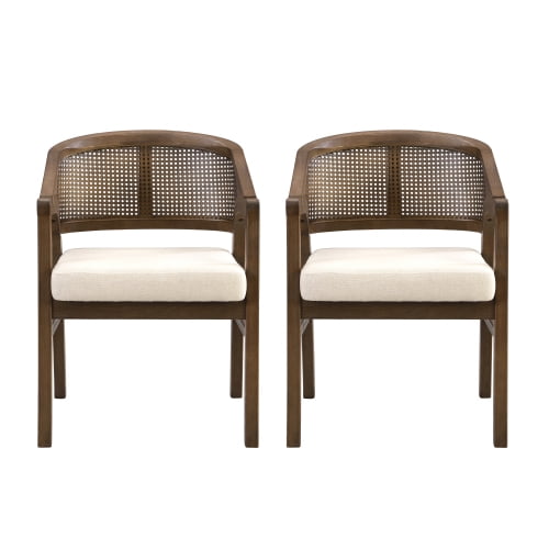 Walnut Dining Chairs Set of 2, Wooden Frame with Woven Rattan Back, Modern Industrial Side Chairs for Kitchen Dining Room, Mid-Century Accent Chairs