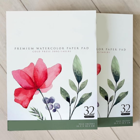 Watercolor Paper Pad for Painting – Heavyweight Art Paper Sheets for Watercolor, Gouache & Mixed Media 9" x 12" Pack of 2 (64 Sheert total)