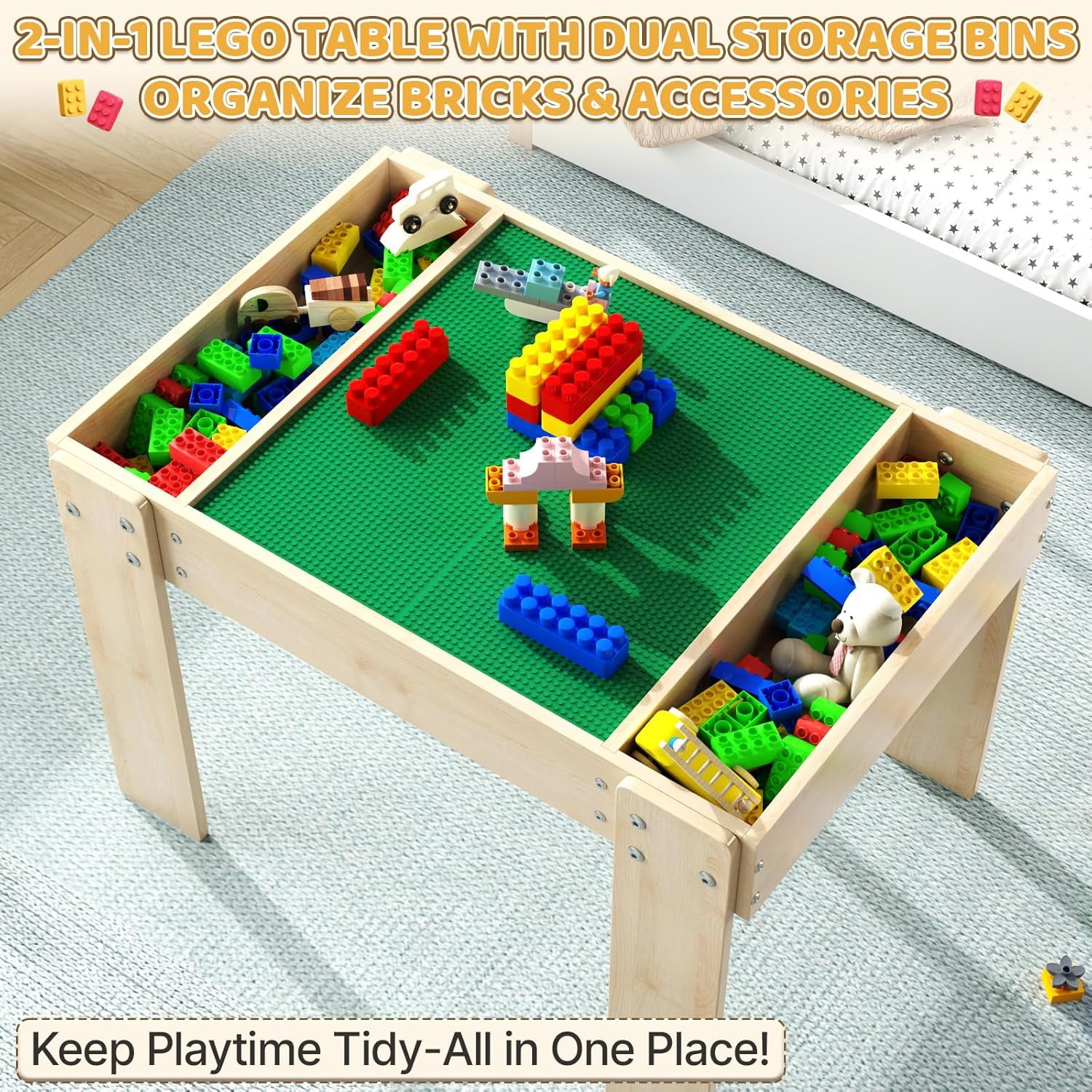 Building Blocks Table with Storage for Kids, Wooden Table Fits Legu Bricks for Toddlers Ages 3+, Kids Activity Play Desk with 2 Chairs, 31.29''X 22.44''X 19.69'' ( Table Only)