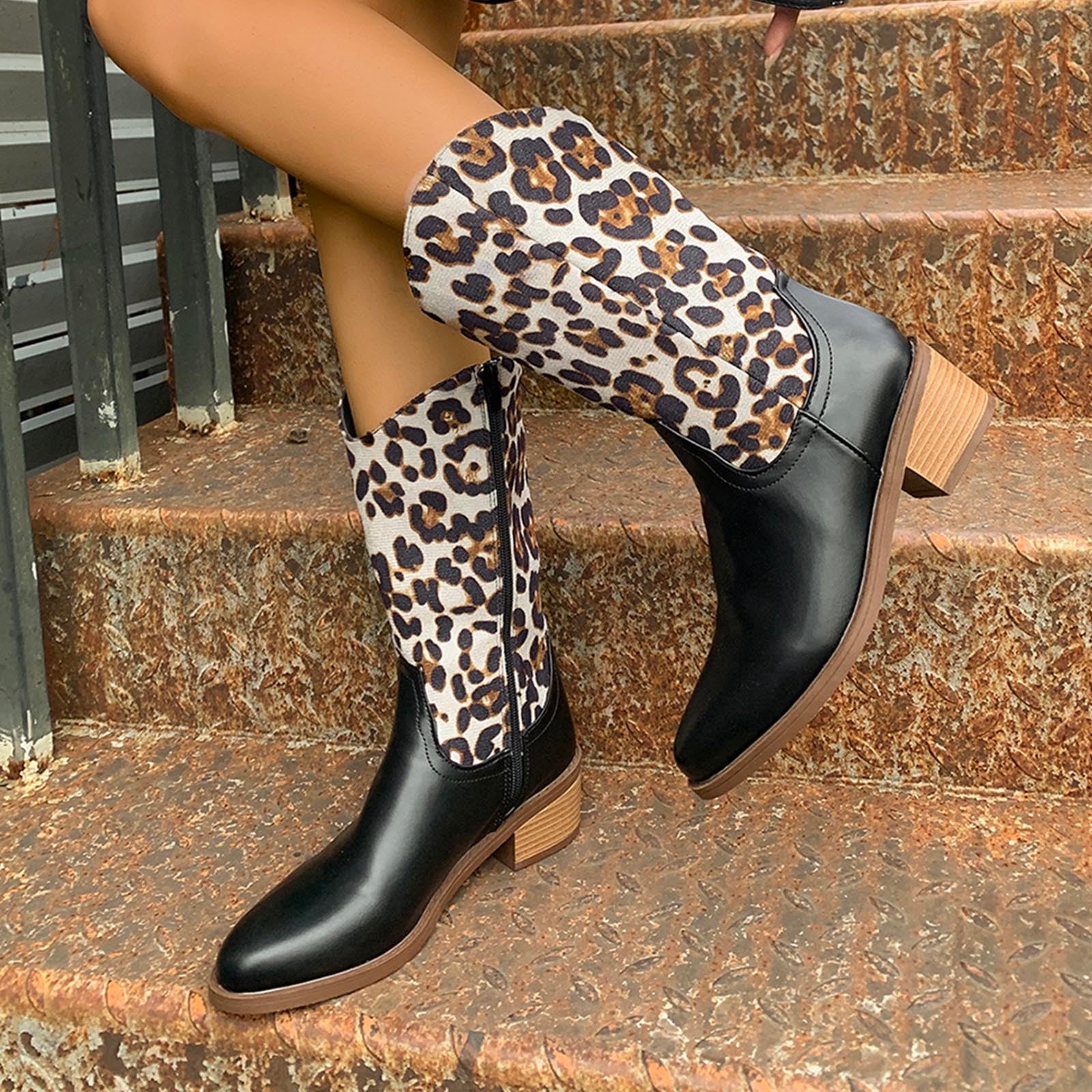 POROPL Womens Black Boots Knee High Winter Mid Heel Knee High Side Zipper Leopard Print Boots for Lady Black Size 42(US:9)