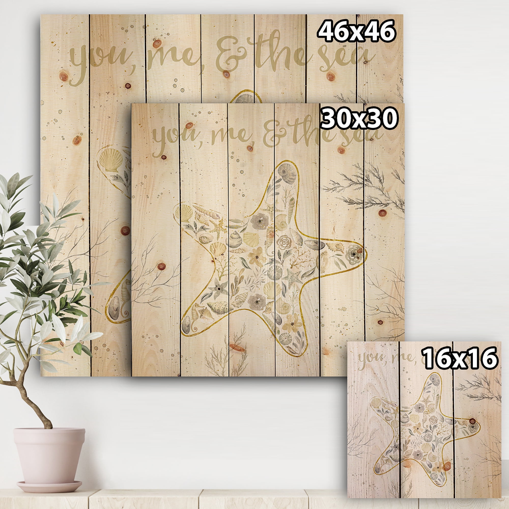 Designart 'Coastal Floral Blossoms II Neutral' Nautical & Coastal Print on Natural Pine Wood