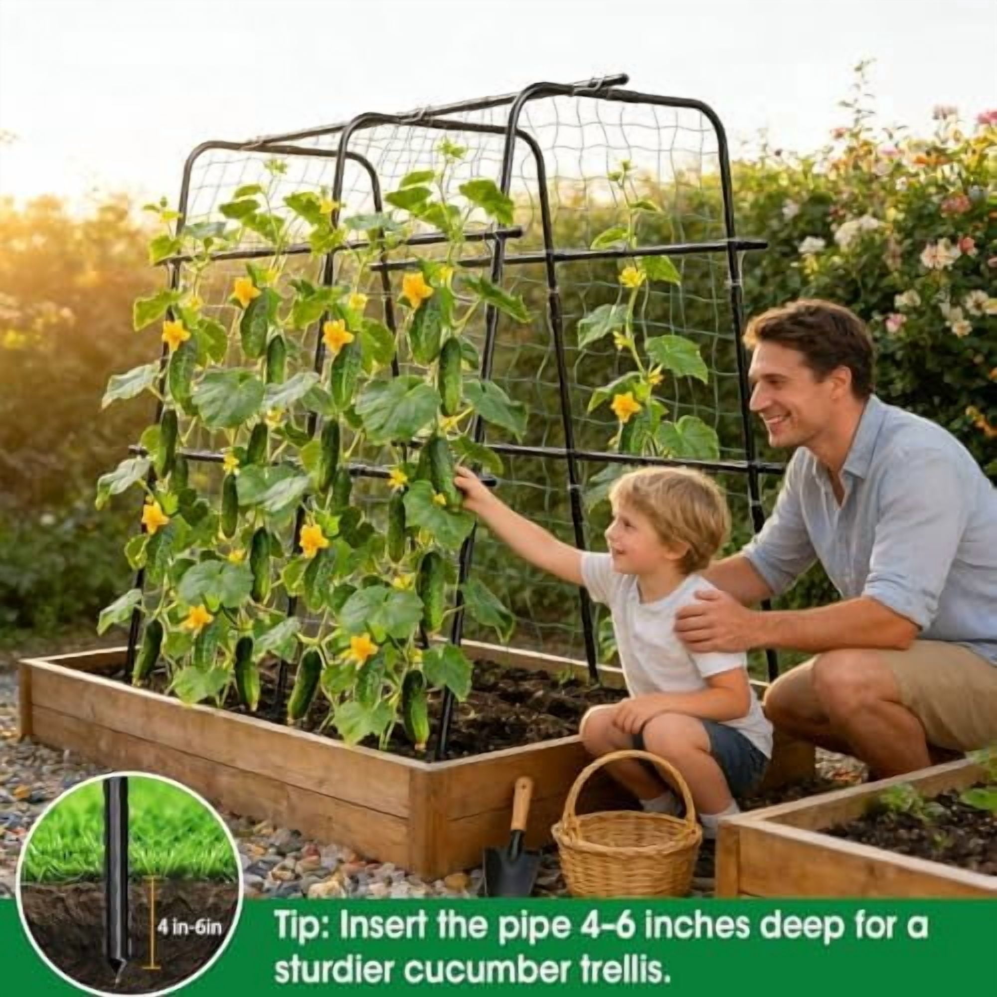 Cucumber Trellis for Raised Bed and Garden, 47" H x 47" W U-Shaped Metal Garden Trellis for Climbing Plants with Nylon Netting, Vegetable Support Frame