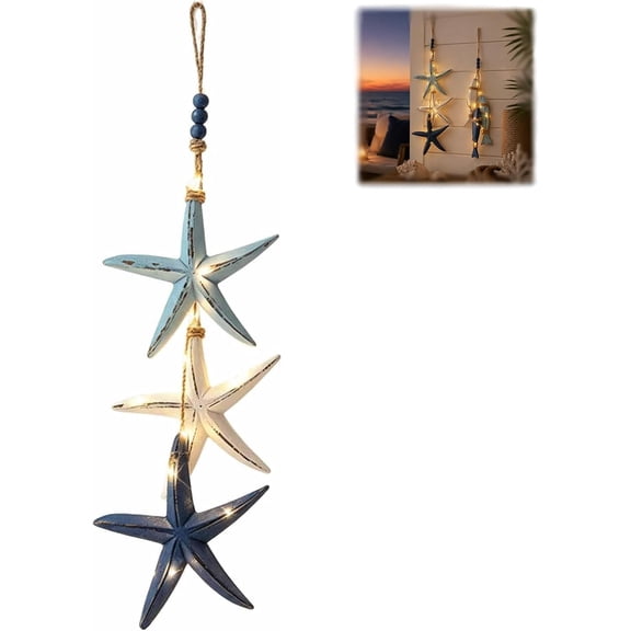 Lighted Coastal Wooden Starfish & Fish Hanging Decor, Beachy Wall Decor with Warm LEDs, Nautical Beach House Hanging Decoration for Home, Cafe & Restaurant, Ocean Theme Wall Art (#B)