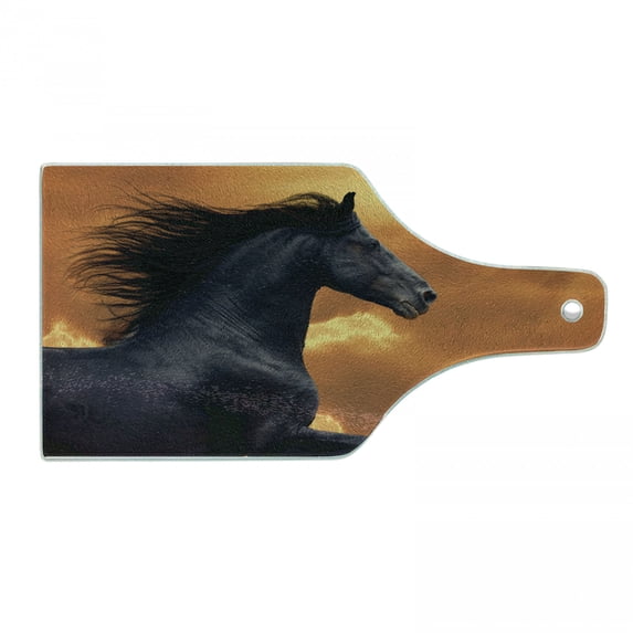 Horses Cutting Board, Portrait of Galloping Friesian Horse with Hot Sun Rays Intensity Honor Grace Theme, Tempered Glass Cutting and Serving Board, Wine Bottle Shape, Black Orange, by Ambesonne