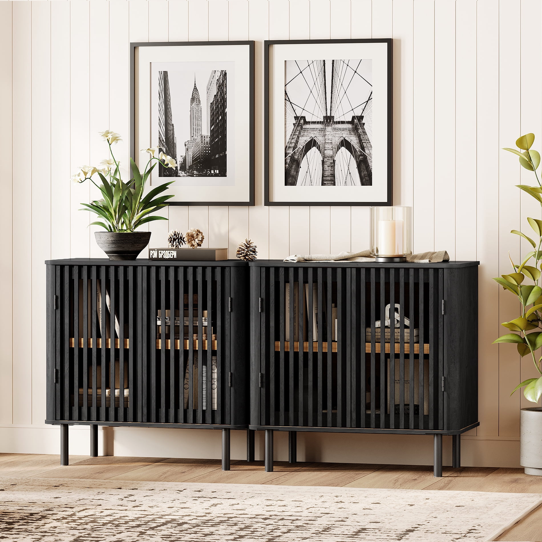 31.5" Mid Century Modern Sideboard Buffet Cabinet with Storage,Fluted Sideboard Cabinet with Adjustable Shelf, Black