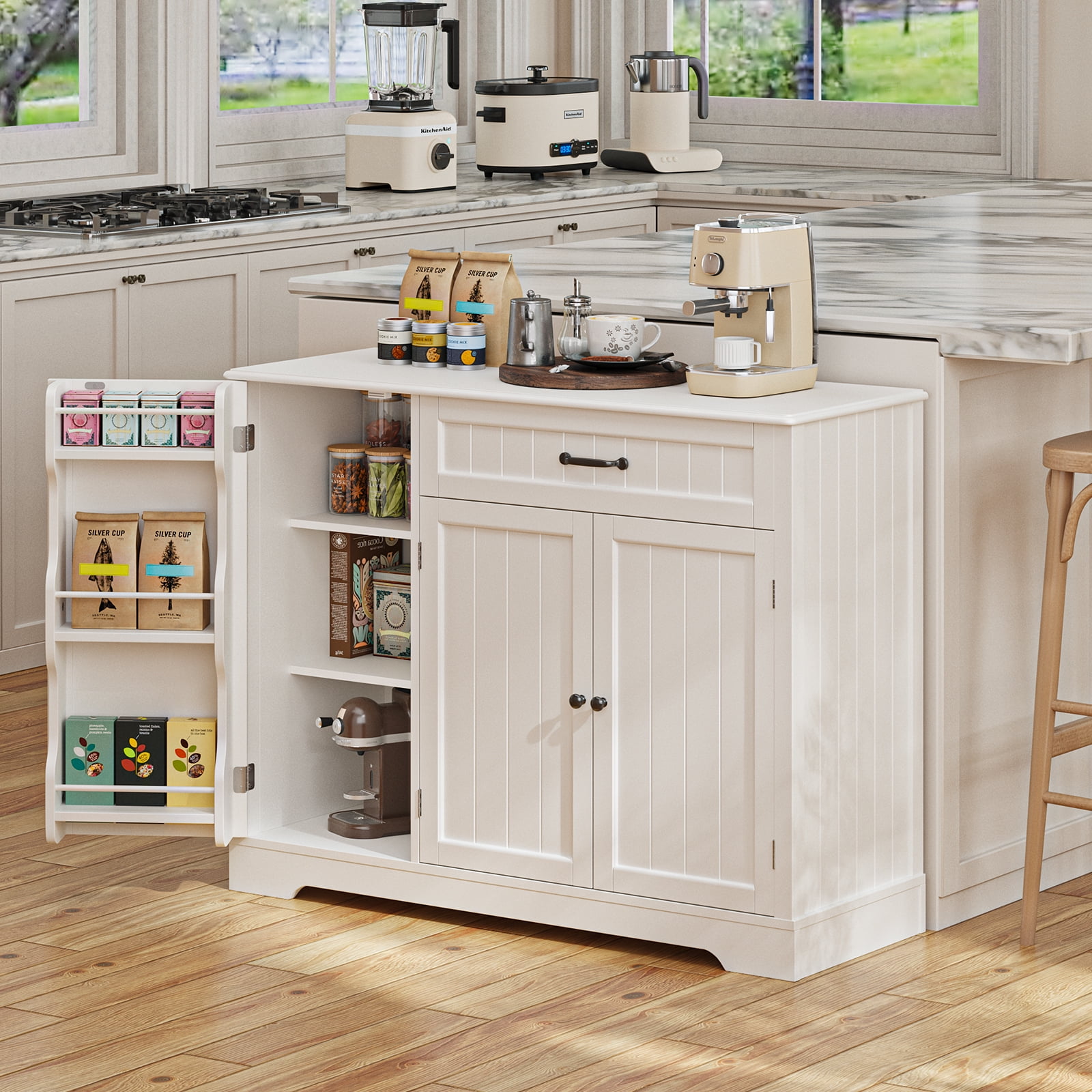 Coffee Bar Cabinet, Lofka 42" Farmhouse Kitchen Storage Sideboard Buffet Cabinet with 8 Shelves & 1 Drawer, Multifunctional Console Table for Dining Room Living Room Entryway Home Coffee Station, Whi