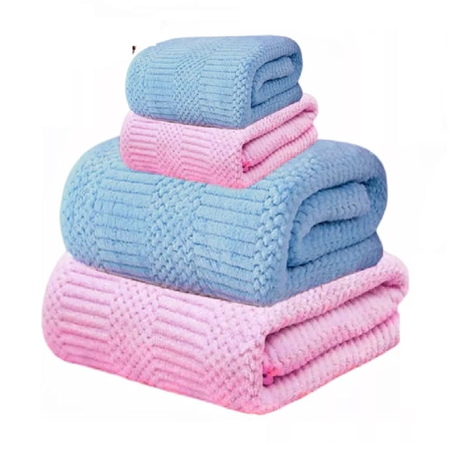4 Pcs Juego Toalla Baño, lana Coral Suave De Alta Densidad azul/rosa