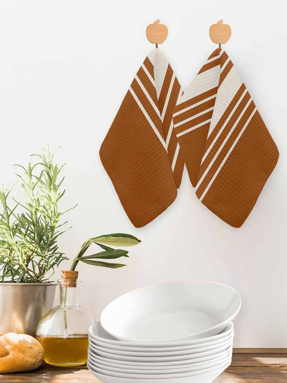 Burnt Orange Beige Striped Kitchen Dish Towels for Drying Dishes Set of 3, Modern Farmhouse Retro Lines Waffle Weave Microfiber Hand Tea Bathroom Towels Quick Dry & Absorbent Towel 12x12
