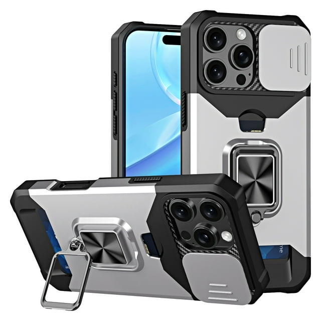 Case For iPhone 16 15 14 13 12 11 Pro Max XS XR 8 7 Plus Slide Camera Card Holder Slot Wallet Protective With Ring Stand Cover Silver iPhone 14 Pro Max