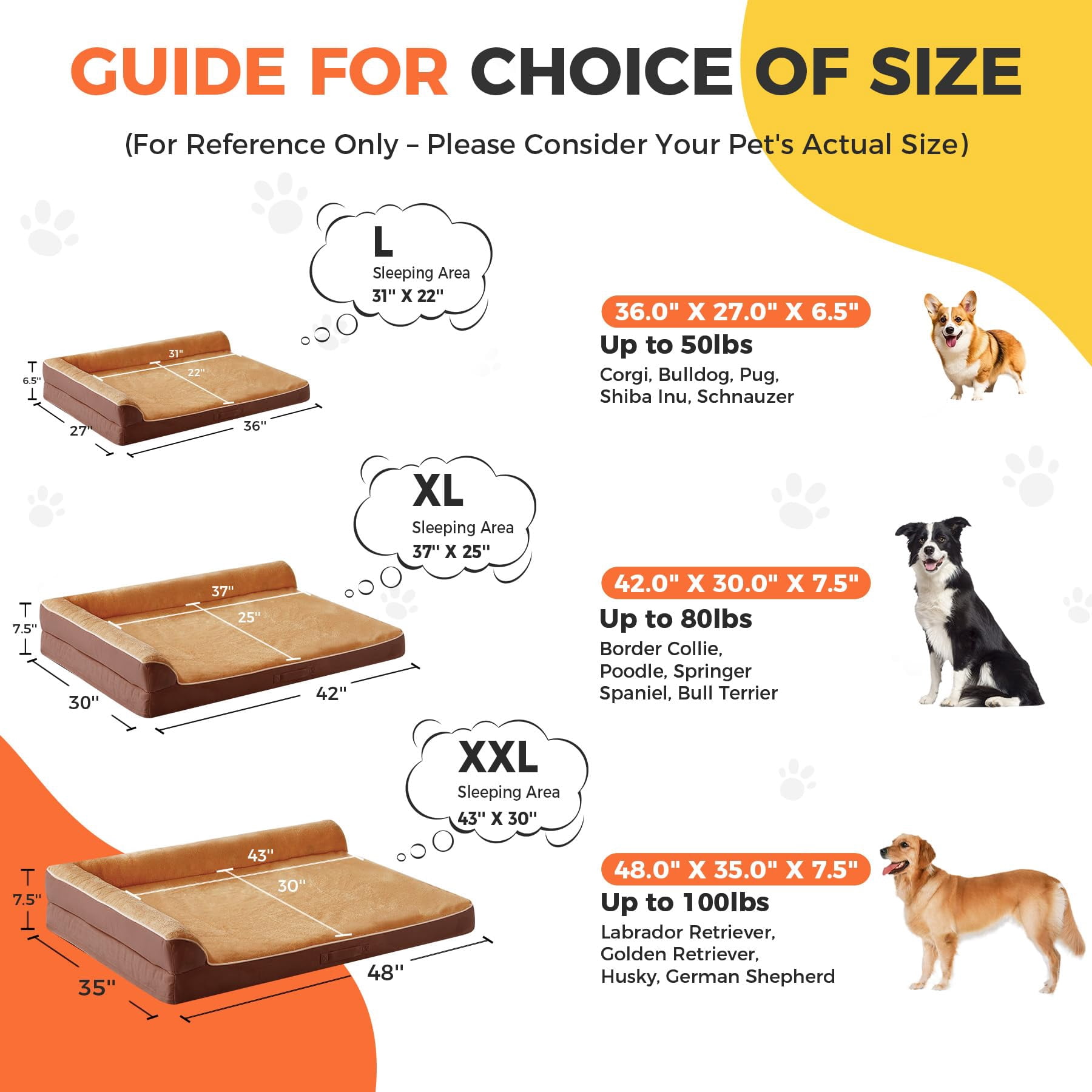 Dog Bed Large Sized Dogs  For Waterproof Pet With Washable Removable Cover L-shaped Couch Portable Handle 36"x27"x6.5" Brown