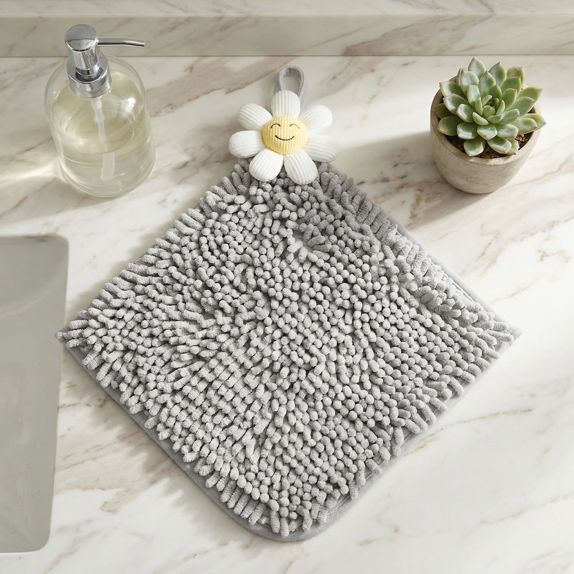 Unique Bargains Soft Absorbent Quick Dry Cute Flower Chenille Hand Towels Grey 12" x 12"