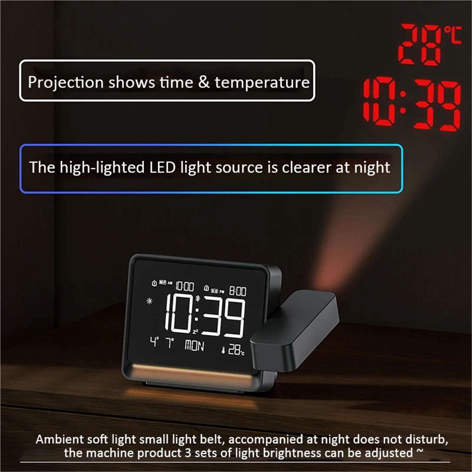 Projection Alarm Clock Wireless Sensor Weather Station with Atmosphere Night Light Temperature Display Thermometer Table Clock