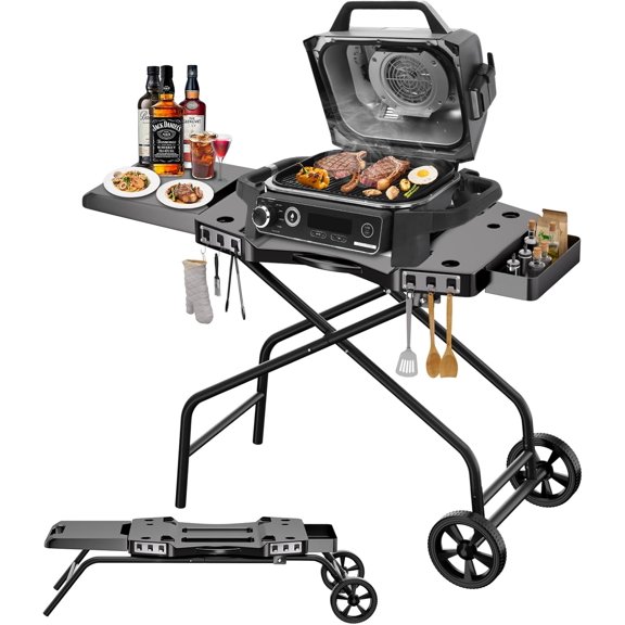 Foldable Grill Cart for Ninja OG700–OG750 & Blackstone 22" | Portable BBQ Stand with Wheels, Side Table & Storage Basket