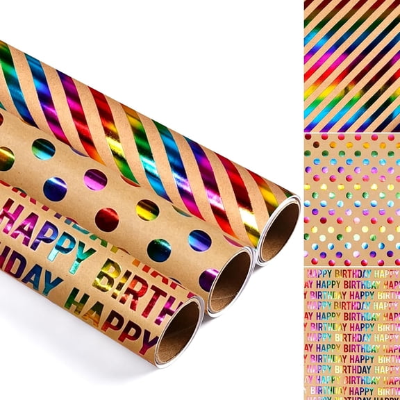 Kraft Birthday Wrapping Paper Rolls, 3 Rolls Rainbow Foil Gift Wrap 17in x 9.8ft for Birthday Presents (A)