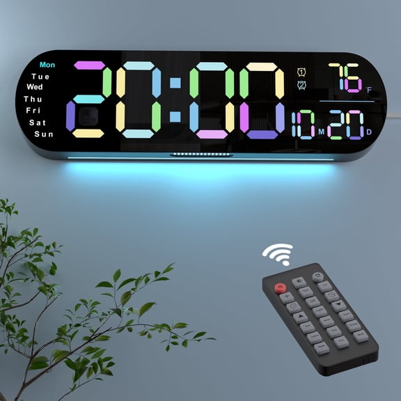 Hansang Digital Wall Clock with Remote Control, Auto-Dimming and 9 Colors, The Large Digital Clock Features a 13.7-In Wide Display