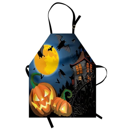 Party Bib - Halloween Apron Gothic Halloween Haunted House Party Theme Design Trick or Treat for Kids Print, Unisex Kitchen Bib Apron with Adjustable Neck for Cooking Baking Gardening, Multicolor, by Ambesonne