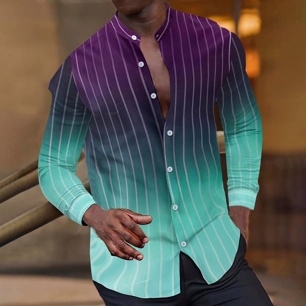 Blusa y camisa de manga larga con cuello alto para hombre, estilo informal, a rayas, con cuello alto, tipo cárdigan, camisa con botones, blusa de poliéster para hombre