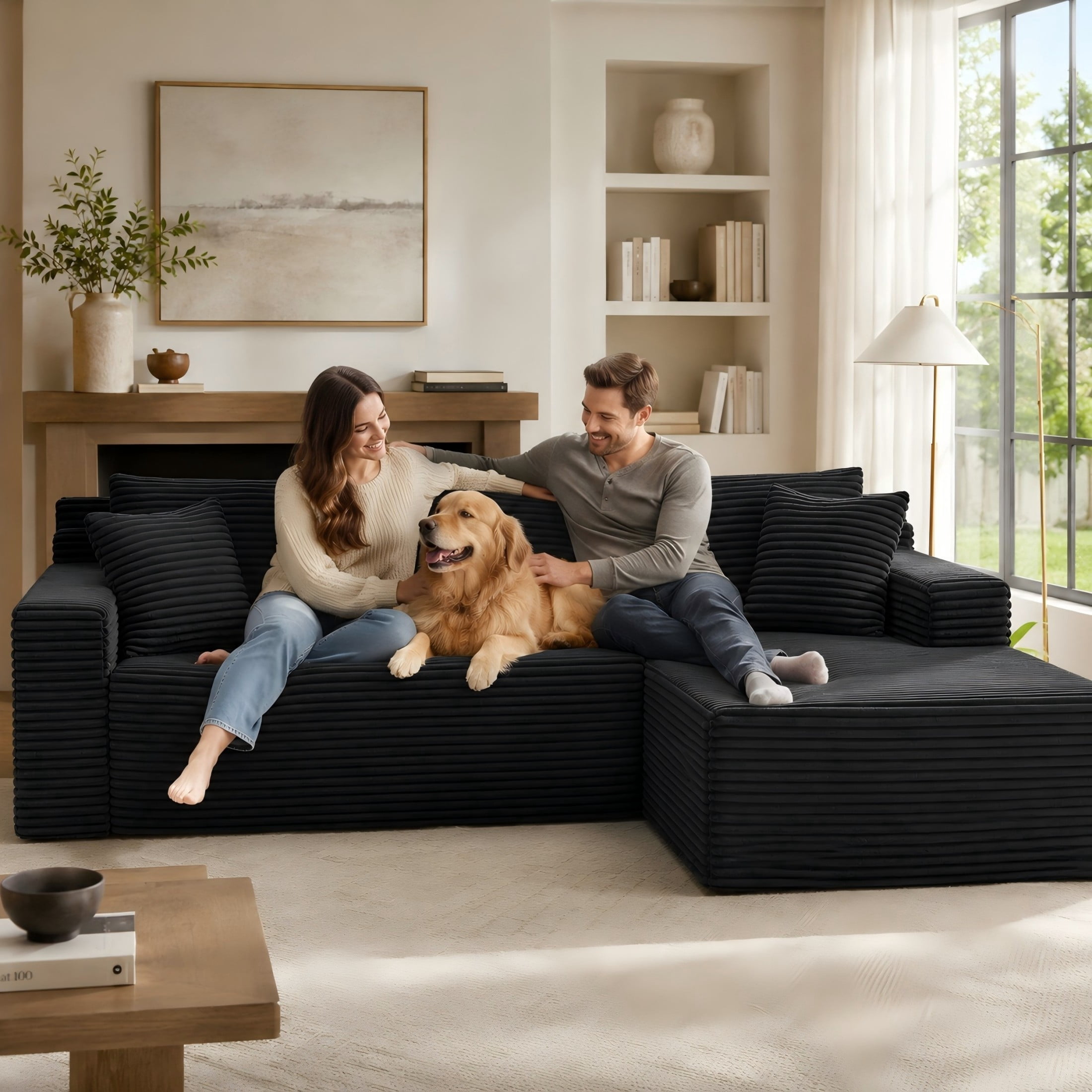 Aukfa 107" Cloud Modular Sectional Couch with Right-Facing Chaise, Corduroy Deep Seat Boneless Sofa for Living Room, Apartment, Black
