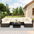 thumbnail image 2 of 7 Piece Patio Wicker Sofa Set, Outdoor Conversation Furniture Set with 4 Seats, 2 Corner Seats, 1 Glass Table, and Light Beige Cushions, Cushioned Sectional Chairs Set for Deck, Backyard, Poolside, 2 of 10