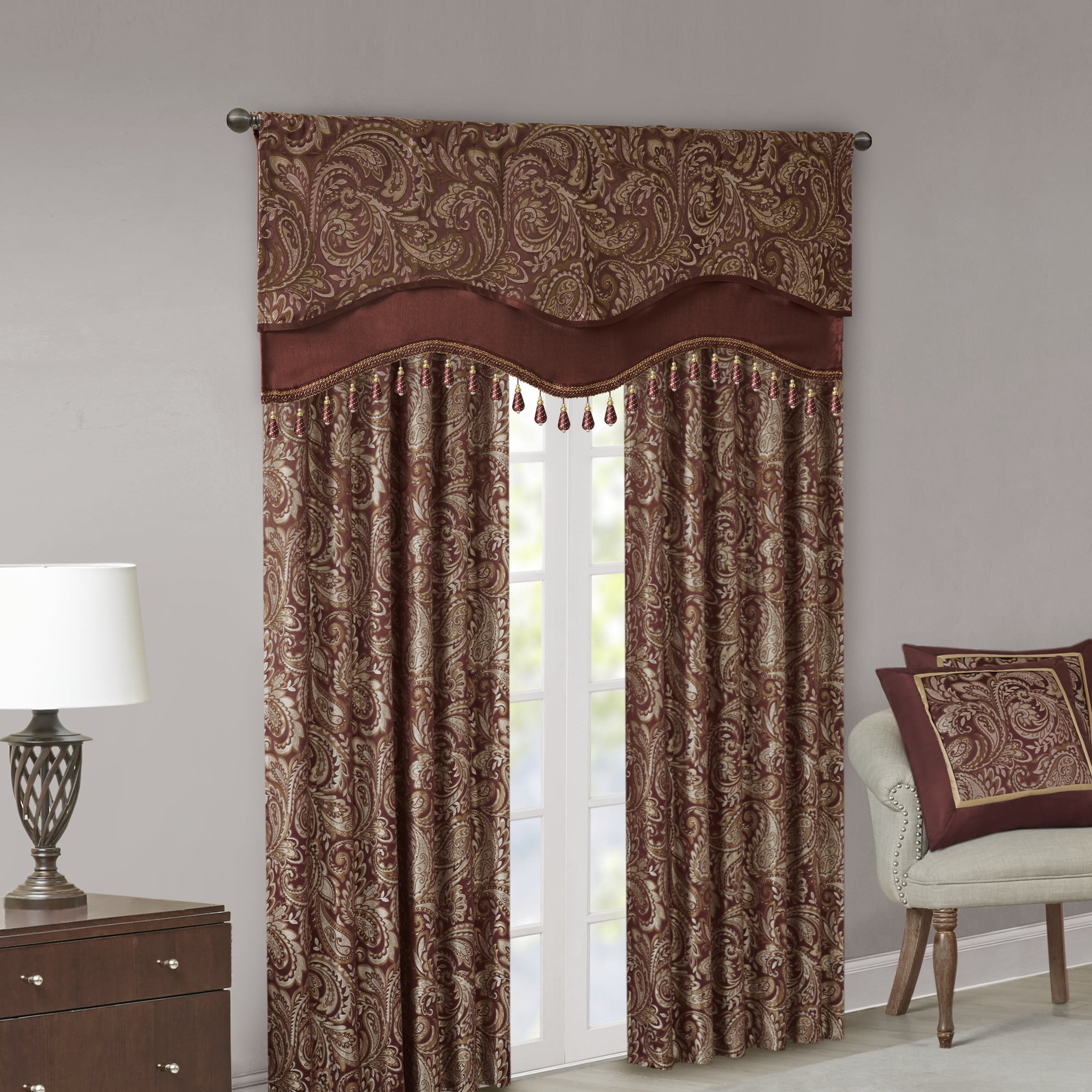 MAYEERTY 50x18" Jacquard Rod Pocket Valance With Beads Burgundy