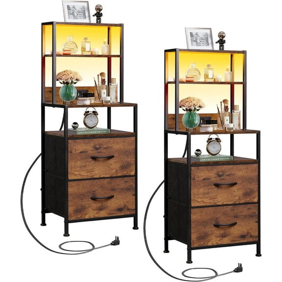 Nightstand Set of 2 with Charging Station, LED Night Stand Sets with 2 Drawers and 4 Storage Open Shelves, Fabric Dressers for Bedroom, Rustic Brown