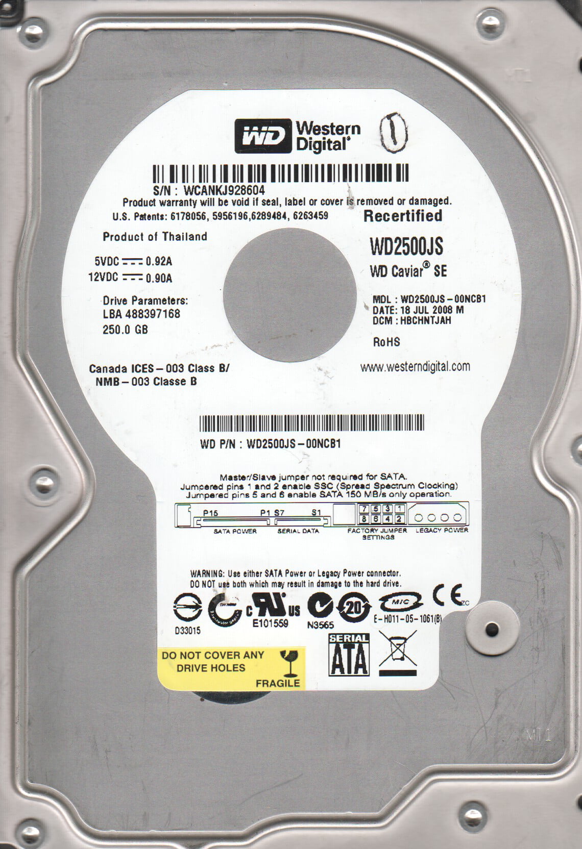 DCM HBCHNT2AAN WD2500JS-00NCB1 Western Digital 250GB SATA 3.5 Hard Drive 